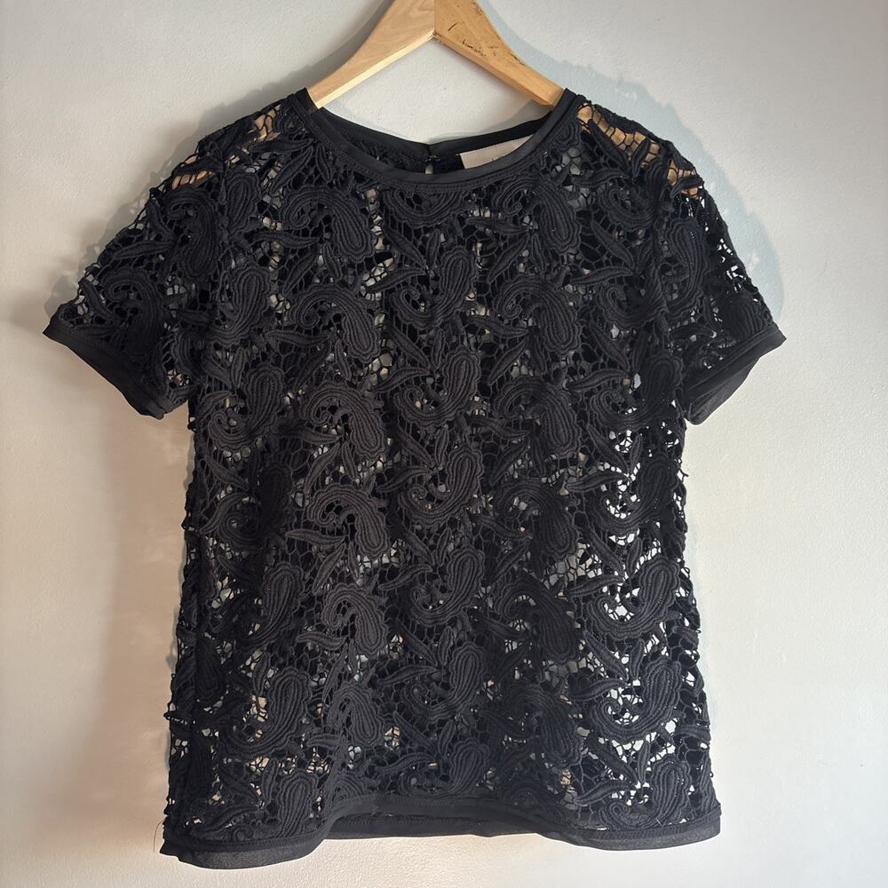 Ann Taylor Loft Womens Top SP Petite Black Round Neck Short Sleeve See Through